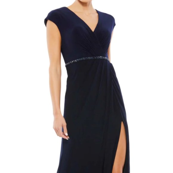 MAC DUGGAL 67850 FAUX V-NECK WRAP CAP SLEEVE JERSEY STRETCH NAVY GOWN sz 20 - Picture 1 of 7